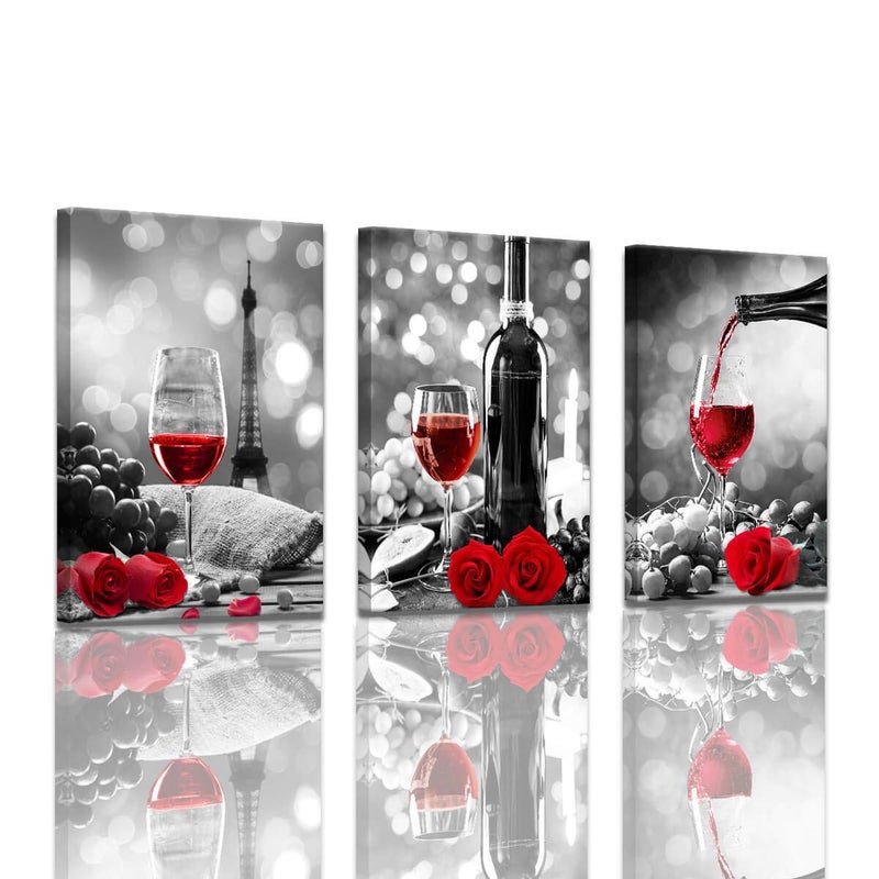 KAKEMONO Wine Decor Kitchen Canvas Art Red Wine Rose Artwork for Home Walls Black and White With Red Wine Painting Printed Rose Art Dining Room Decor Red Kitchen Pictures Wall Decor Stretched 16x24inchx3 - Image 1